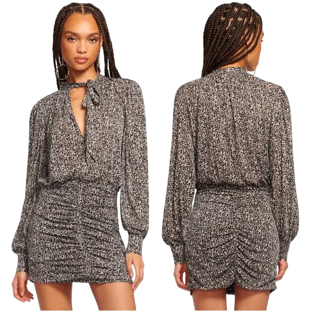 Ramy Brook NWT Ralston Ruched Knit Mini Dress Long Sleeve Size 0 Neck Tie Lined